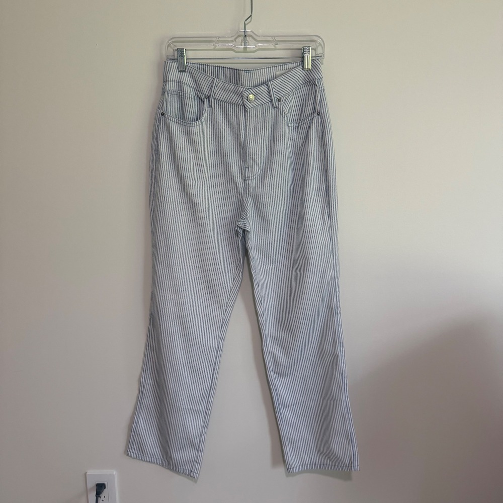 Zara Women Blue White Ticking Stripe High Waisted Straight Leg Pants Size 6